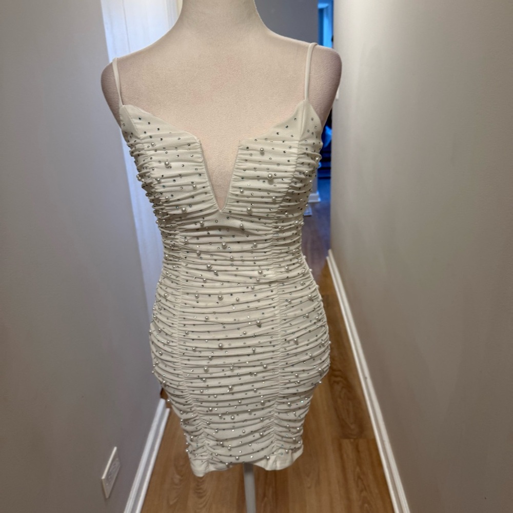 Windsor Ivory Beaded Ruched Mini Dress